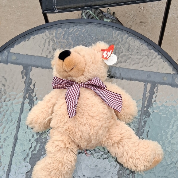 TY Classic Beige Plush Teddy Bear with Checkered Bow - Picture 6 of 8